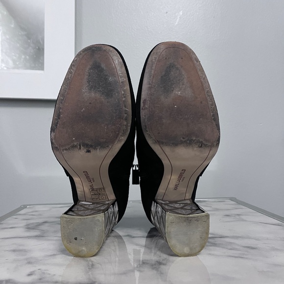 Karl Lagerfeld Shawna Black Suede Bootie With Clear Lucite Heel and Gold Design - Picture 5 of 7
